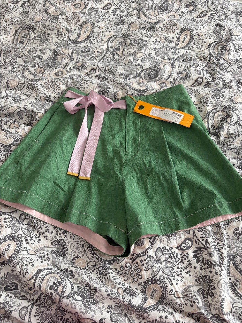 Tanya Taylor Green High-Waist Shorts with Pink Ribbon Trim